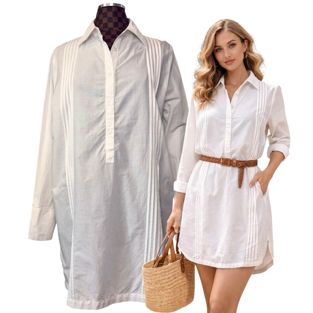 Vtg 90s Crisp White Cotton Tunic Shirt Dress Size Medium Pleated Preppy Classic